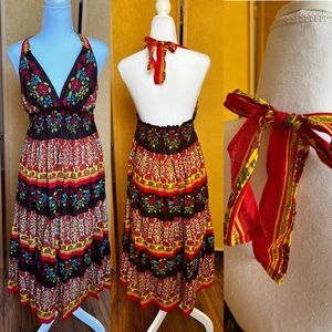 Tie halter floral patterned sundress with smocked bodice (S) 100% cotton